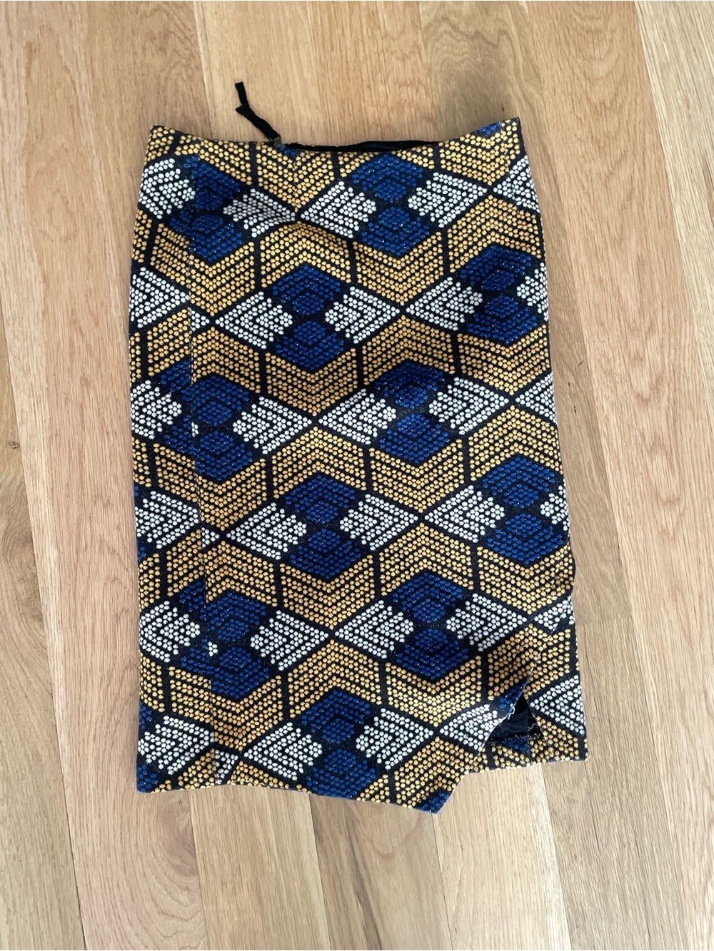 Maeve Blue, Gold and White Geometric Pencil Skirt